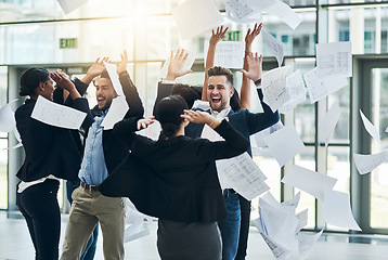 Image showing They can be fun and silly. a group of cheerful businesspeople lifting their hands in joy while being funny inside of the office at work.