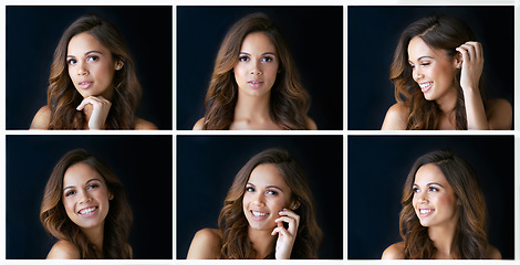 Image showing Capture your beauty. Composite shot of a beautiful young woman posing against a black background.