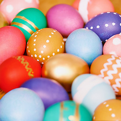 Image showing Elegant eggs. Closeup shot of an assortment of beautifully decorated eggs.