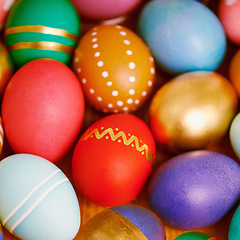 Image showing Delightfully decorated. Closeup shot of an assortment of beautifully decorated eggs.
