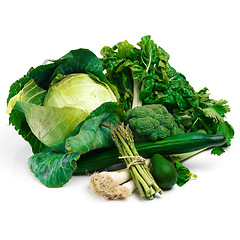 Image showing All the greenery you need. Studio shot of a pile of green vegetables against a white background.