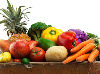 Image showing All the options. a wooden box full of vegetables and fruit.