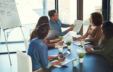 Image showing Well be fine as long as we stay within budget. a group of businesspeople having a meeting in an office.