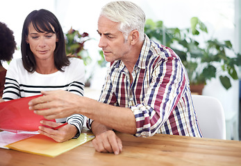 Image showing He doesnt miss a thing. a mature businessman looking over some documents during a meeting.