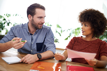 Image showing He has a passion for this business. two design professionals having a discussion while seated at a table.