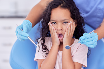 Image showing Happiness is your dentist telling you it won’t hurt. a little girl looking shocked at the dentist.