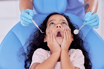 Image showing If a patient cannot clean his teeth, no dentist can. a little girl looking shocked at the dentist.
