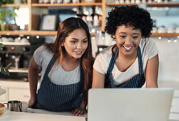 Image showing Digital solutions make running a restaurant a lot easier. two young women working together on a laptop in a cafe.