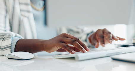 Image showing Hands, computer keyboard and business person typing online report, corporate development or web project. Closeup, research and employee working on company feedback, review or search agency database