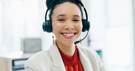 Image showing Call center, woman and portrait with smile, consulting and agent in customer service, headphones or microphone. African person, tech support and happy for FAQ, sales lead and telemarketing with voip