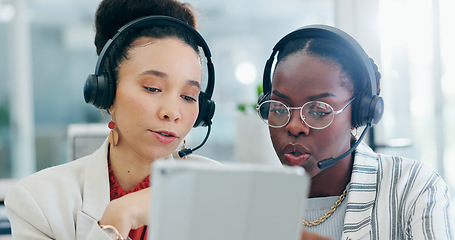 Image showing Call center, women and tablet with teamwork, consulting or agent in customer service, thinking or coaching. African employees, tech support and training for FAQ, sales lead or telemarketing with voip