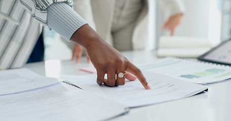 Image showing Hand, documents or planning with a business person reading information in the office closeup for strategy. Finger, pointing and report with a corporate employee in a professional workplace for review