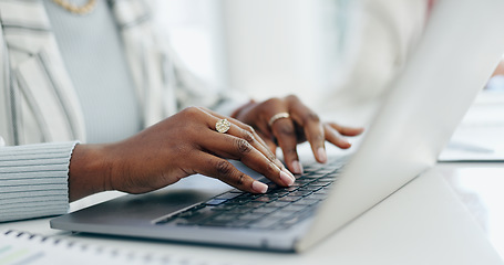 Image showing Hands, laptop keyboard and business person, administration or receptionist typing online calendar schedule. Closeup, research and secretary working on company feedback, review or update agenda info
