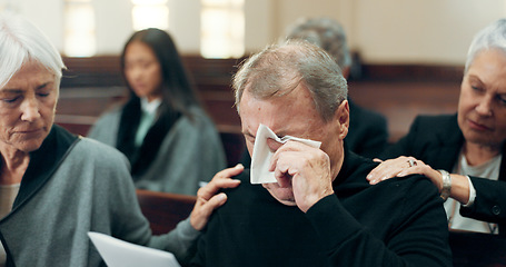 Image showing Sad, funeral and elderly man crying in church for God, holy spirit or religion in Christian community cathedral. Tissue, grief or support for upset senior person in chapel for emotional pain and loss