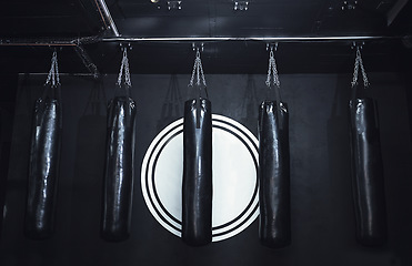 Image showing Let the gains begin. Still life shot of a row of punching bags in a gym.