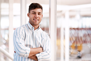 Image showing Long-term success is the goal. Cropped portrait of a handsome young male designer standing with his arms folded in the office.