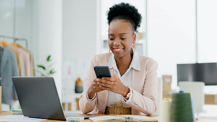 Image showing Phone, laptop or black woman on social media in office for networking, online post or break to relax. Text communication, smile or happy African business owner planning on technology, blog or email