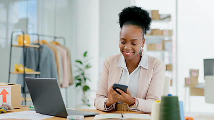 Image showing Phone, business owner or black woman on social media in office for networking, online post or ecommerce. Communication, web or happy African entrepreneur texting to chat on mobile technology or blog