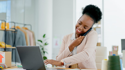 Image showing Fashion, phone call and black woman with a laptop, business and typing with connection. African person, entrepreneur and employee with a pc, smartphone and startup with online order and ecommerce