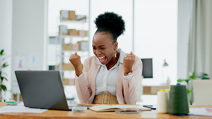 Image showing Happy black woman, laptop and fist pump in winning celebration, promotion or bonus at office. Excited African female person smile on computer for good news, achievement or sale discount at workplace