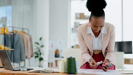 Image showing Black woman, fashion designer and color swatches in planning, strategy or ideas for project at boutique. African female person in small business, plan and palette in clothing design at retail store