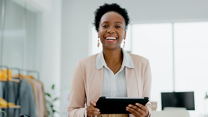 Image showing Happy black woman, portrait and tablet of fashion designer in small business management at boutique. African female person or entrepreneur smile with technology for retail clothing store in logistics