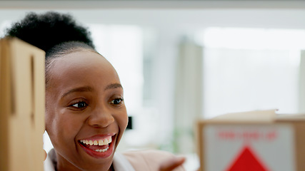 Image showing Face, office or business owner with boxes to check shelf for supply chain delivery or mail distribution. Smile, fashion designer or happy black woman excited by courier service in cardboard package