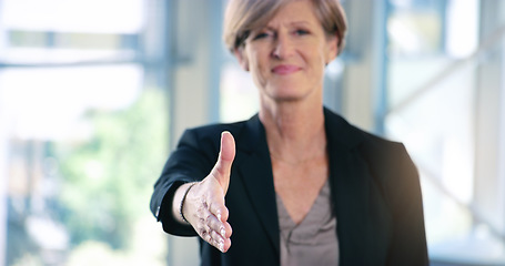 Image showing Youre the one I want to do business with. Portrait of a mature businesswoman extending a handshake in an office.