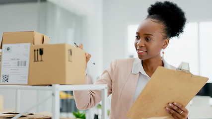 Image showing Happy black woman, box and checklist for inventory inspection, schedule delivery or courier service. African female person smile in small business, logistics or storage management at boutique store