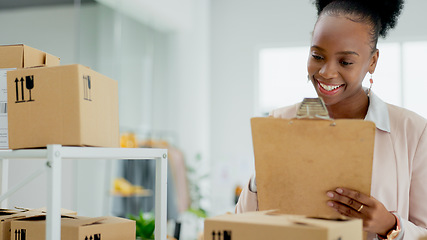 Image showing Happy black woman, box and checklist in logistics for inventory inspection, schedule delivery or courier service. African female person smile in small business or storage management at boutique store