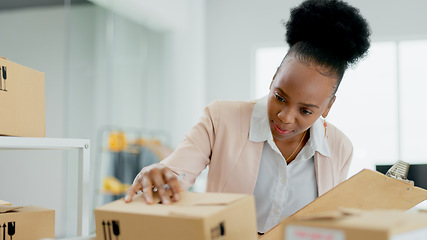 Image showing Startup, boxes and black woman with a clipboard, inventory and check packages with delivery. African person, business owner and entrepreneur with documents, stock and happiness with success and sales