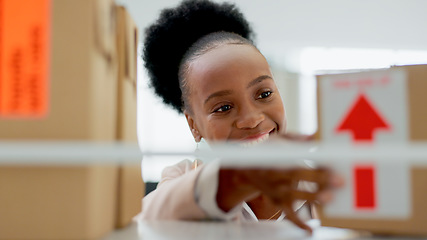 Image showing Happy black woman, box and logistics in small business, inventory inspection or stock at retail store. Face of African female person smile with parcel, package or cargo in delivery or courier service