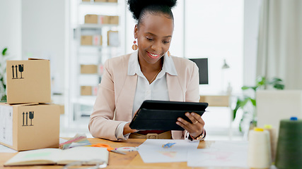 Image showing Happy black woman, tablet and logistics in small business for supply chain or online shopping at boutique store. African female person smile on technology with boxes for ecommerce or retail purchase