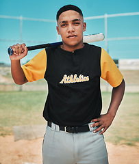 Image showing This is where I want to be. a young baseball player holding a baseball bat while posing outside on the pitch.