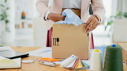 Image showing Woman, hands and box of fashion designer in logistics, supply chain or small business at boutique store. Closeup of female person packing boxes for clothing, delivery or courier service at shop