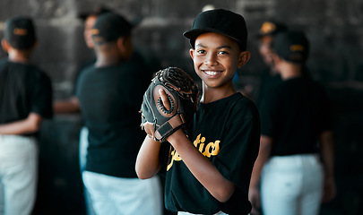 Image showing I just love baseball. Portrait of a young baseball player wearing baseball mitts with his teammates standing in the background.