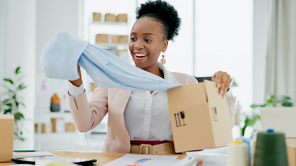 Image showing Happy black woman, fashion designer and box with material in small business, logistics or supply chain at boutique store. African female person or entrepreneur smile with clothing parcel or package