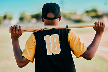 Image showing Theres a story behind every number. Rearview shot of a baseball player carrying his bat on his shoulders.