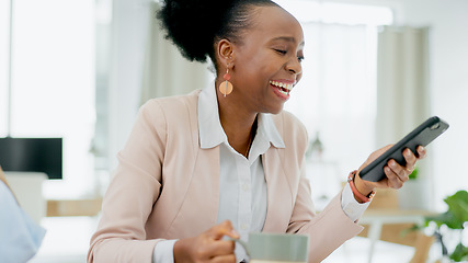 Image showing Happy, laugh and black woman with phone in office for social media, text or meme on coffee break. Smartphone, comic or African female entrepreneur with tea online with joke, chat or gif communication