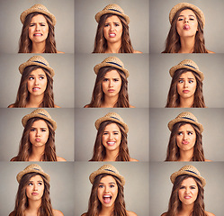 Image showing Different faces for different feelings. Composite studio image of an attractive young woman making various facial expressions against a gray background.