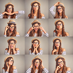 Image showing Lifes too short to hide your feelings. Composite studio image of an attractive young woman making various facial expressions against a gray background.