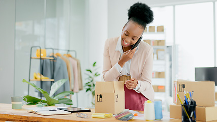 Image showing Boxes, small business or black woman on a phone call for order, supply chain or check inventory. Customer service, contact us or African entrepreneur on mobile communication speaking of delivery