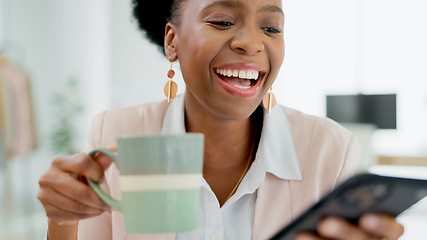 Image showing Laugh, happy and black woman with phone in office for social media, text or meme on coffee break. Smartphone, comic or African lady entrepreneur with tea online with funny, chat or gif communication