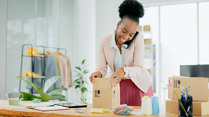 Image showing Box, small business or happy black woman on a phone call for order, supply chain or check inventory. Customer service, contact us or African entrepreneur on mobile communication speaking of delivery