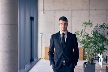 Image showing The confident businessman in a sleek suit strikes a pose, exuding charisma and professionalism, amidst the modern ambiance of the office.