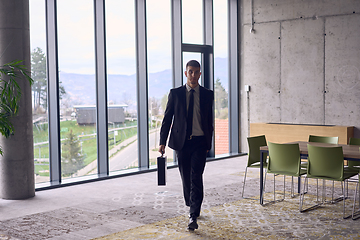 Image showing A confident businessman with a briefcase strides through a modern office, exuding charisma and determination, symbolizing success and professional excellence.