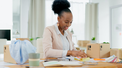 Image showing Happy black woman, fashion designer and box in small business planning or logistics at boutique store. African female person smile for clothing package, parcel or cargo in delivery or courier service