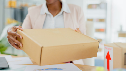 Image showing Hand, person check package and distribution, shipping and small business owner in export and cargo delivery. Supply chain, closeup and box from supplier, ecommerce and logistics industry with courier