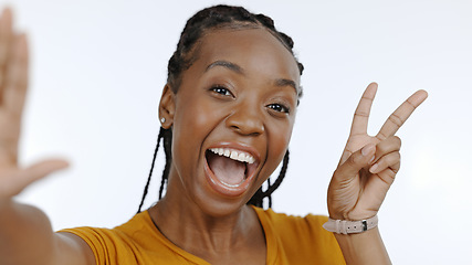 Image showing Excited, face and selfie, black woman and peace hand sign with memory and social media on white background. Smile for profile picture, live streaming and influencer with content creation in studio