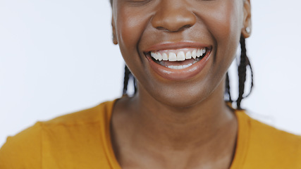 Image showing Black woman, mouth and teeth with smile for dental, healthcare and happiness with hygiene on white background. Closeup for oral care, orthodontics and fresh breath, clean and wellness in studio